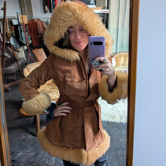 Vintage Brown Suede Coat Penny Lane Jacket Leather Trench Fur Coat Afghan Small - Picture 11 of 15